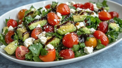 A gourmet avocado salad with cherry tomatoes, feta cheese, and a balsamic glaze drizzle.