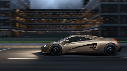 Goldfarbener Sportwagen in voller Fahrt vor einem B&uuml;rogeb&auml;ude