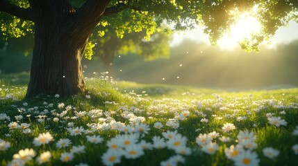Obraz premium Sunlit meadow with daisies and oak tree.