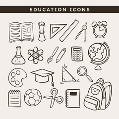 Cute hand-drawn education doodle Icons, perfect for sticker designs, prints and crafting projects. 21 icon designs. Vector illustration.