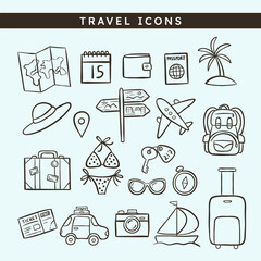 Cute hand-drawn Travel and Holidays Doodle Icons, perfect for sticker designs, prints and crafting projects. A total of 21 icon designs. Vector illustration.