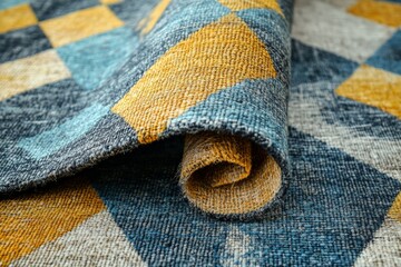 Colorful woven rug with geometric patterns displayed in a cozy interior