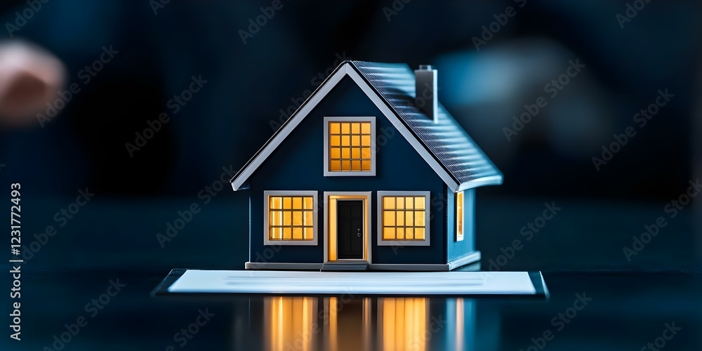 Poster a small model of a house with illuminated windows set on a reflective surface. concept miniature hou