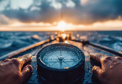 A person is steering a boat with a compass in their hand