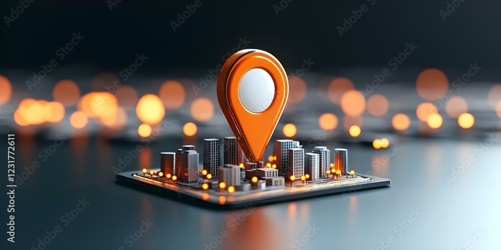 Poster a 3d representation of a city map with an orange location pin, highlighting a specific area or point