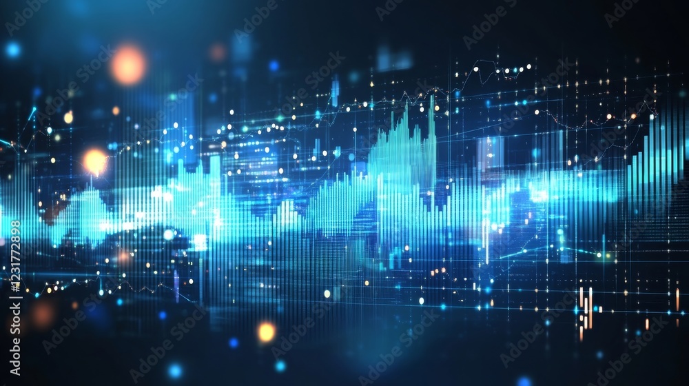 Poster abstract futuristic digital data visualization with glowing blue and orange graphs and charts