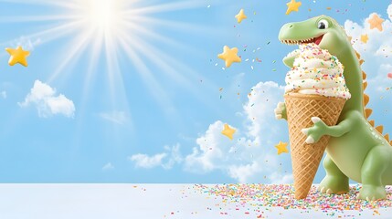 Happy Dinosaur Enjoying Ice Cream Cone Under Bright Sky with Colorful Sprinkles and Stars
