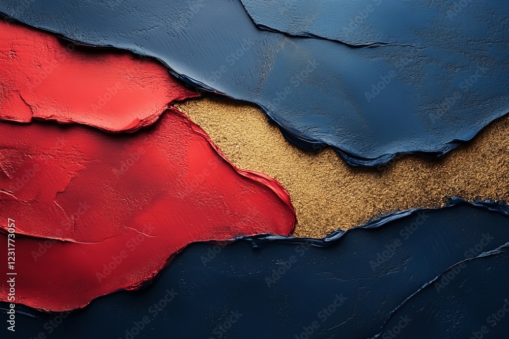 Poster Artistic abstract texture with red, blue, and gold tones creating a striking visual contrast on a canvas