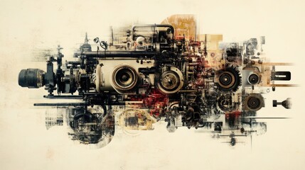 Fototapeta premium Abstract mechanical composition featuring gears and machinery elements.