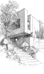 Modern House Design with Stone Steps and Trees