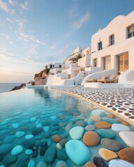 Luxury Villa Pool Relaxing at Cliffside Santorini Greece Coast