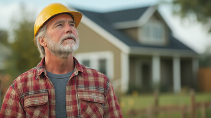 Senior contractor in plaid shirt and hardhat outdoors. Perfect for construction expertise, skilled trades, and professional services.