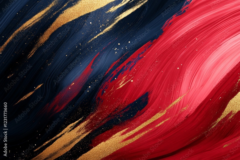 Poster vibrant abstract artwork featuring bold red, deep blue, and shimmering gold accents in a dynamic dis