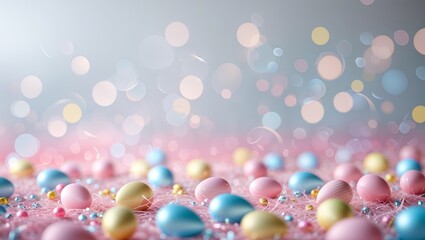 Easter eggs scattered in pink grass with light bokeh against soft gray background