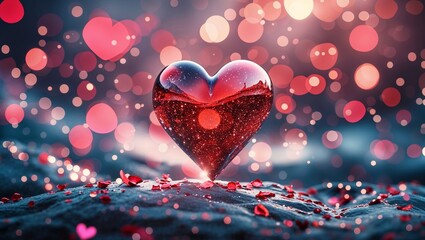 Red heart with light bokeh and rose petals for Valentine's Day romance on dark background