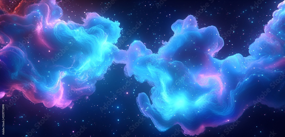 Poster abstract glowing particle clouds in vibrant blues and purples swirling in an ethereal pattern
