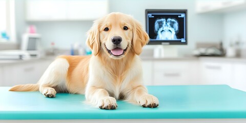 A golden retriever lying on an examination table in a veterinary clinic with an X-ray image displayed in the background. Concept Golden Retriever at Vet, Examination Table Scene, Veterinary Care