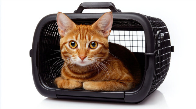 Ginger cat sitting calmly in black pet carrier. Perfect for pet transportation safety, veterinary visits, and responsible pet ownership.