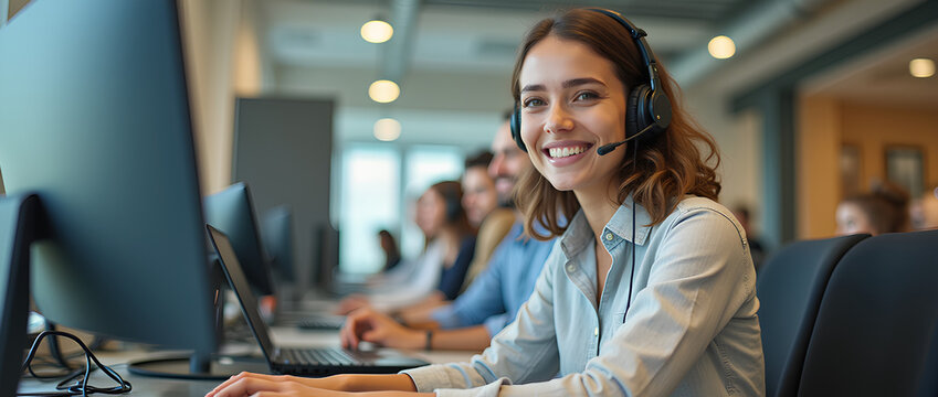 Smiling happy call center agent wearing headset talking to client, contract service telemarketing operator using laptop having conversation working in customer tech assistance support office