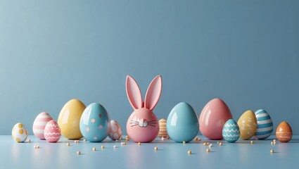 Bright Easter arrangement with pastel eggs and a cute pink rabbit figure