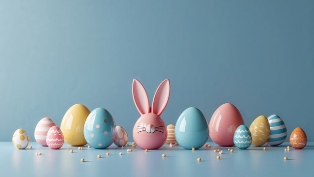 Bright Easter arrangement with pastel eggs and a cute pink rabbit figure