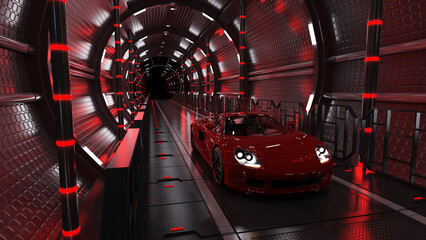 Ein Sportwagen in einem rot beleuchteten futuristischen Tunnel