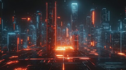 Fototapeta premium Neon cityscape, digital futuristic city, glowing circuit board ground, night, background use