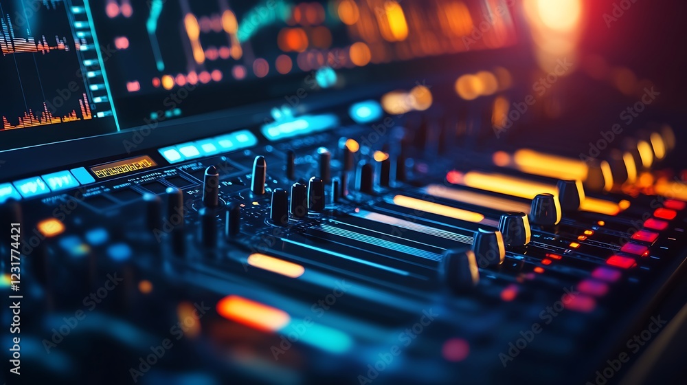 Poster illuminated audio mixer console with digital display and faders