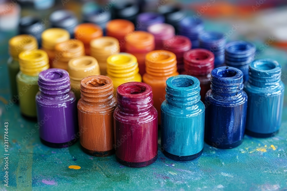 Poster colorful paint bottles arranged in vibrant patterns on an artist's workspace during daytime