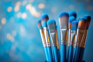 Fototapeta premium Vibrant blue makeup brushes arranged against a soft blue background in an artistic display