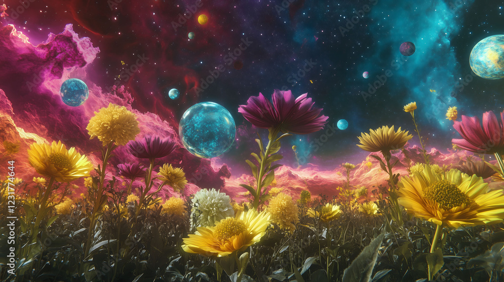 Poster dreamy floral landscape with cosmic elements creating a surreal atmosphere during twilight. generati