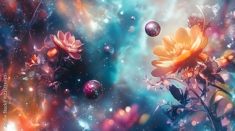 Poster dreamy flora with ethereal colors and cosmic elements create a surreal atmosphere. generative ai
