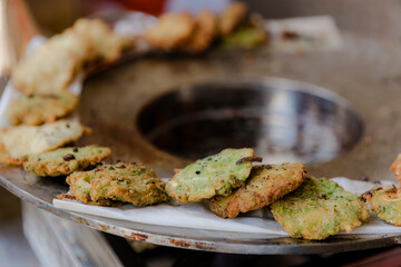 A buffet table full of different types of fish meat and salads at a wedding or party in the hotel restaurant.
