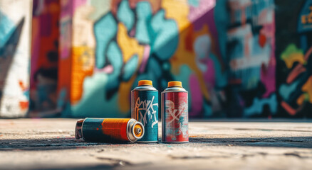 Vibrant spray paint cans on urban pavement among colorful graffiti art