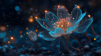 Obraz premium Bioluminescent Flower Glows Softly in a Dark, Enchanted Forest at Night With Magical Hues and Details. Generative AI