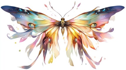 An intricately designed butterfly with watercolor rainbow wings, floating effortlessly on a white background.