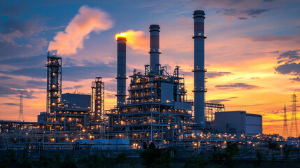 Fototapeta premium A gas-fired power plant with towering chimneys and steam rising into the air, surrounded by industrial equipment. 