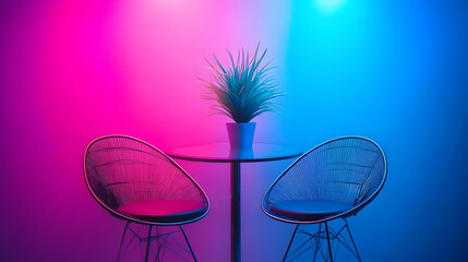 Illustration - Neon Lit Room Interior Design, Two Chairs, Table, Plant, Pink, Blue