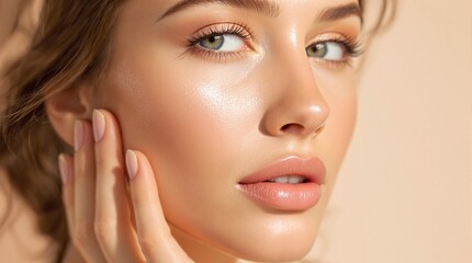 Radiant Beauty Close-up: A young woman with radiant, healthy skin and natural makeup gently touches her face, showcasing her glowing complexion and delicate features.