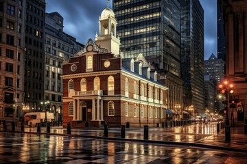 Fototapeta premium The old state house is glowing on a rainy evening in downtown boston, massachusetts