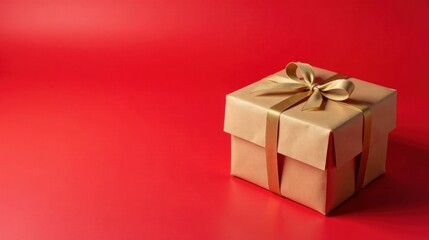 Obraz premium A single elegantly wrapped gift box with a golden ribbon bow sits on a vibrant red background, ready for a special occasion.