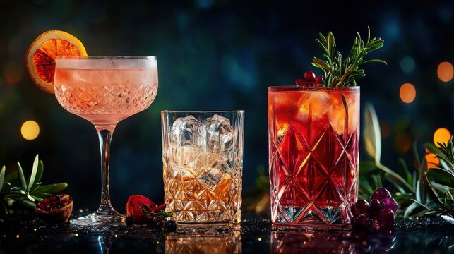 Three different cocktails on a table with an elegant cocktail mixology banner in a luxurious setting