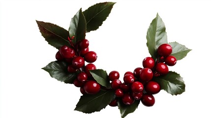 A Festive Wreath of Holly Berries and Lush Green Leaves, Isolated on White Background