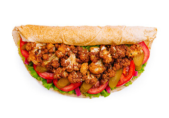 Delicious wrap filled with crispy cauliflower, fresh vegetables, and savory sauce in a whole grain tortilla