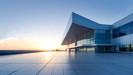 Modern hospital exterior blurred in the background with an empty space to add text about healthcare services