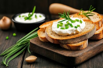 Creamy cheese spread on rustic bread garnished with fresh herbs