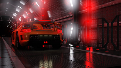 Ein Sportwagen in einem rot beleuchteten futuristischen Tunnel