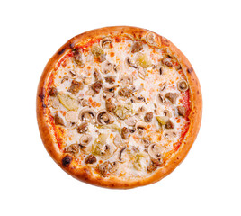 Delicious homemade pizza topped with mushrooms, green peppers, and seasoned beef