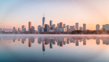 Obraz premium Urban skyline reflecting in misty lake at dawn, serene tranquility