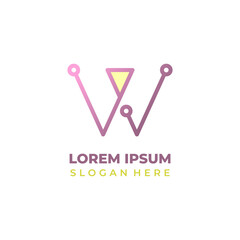 Vector technology logo with letter W, lineart style in pink and yellow. W letter icon